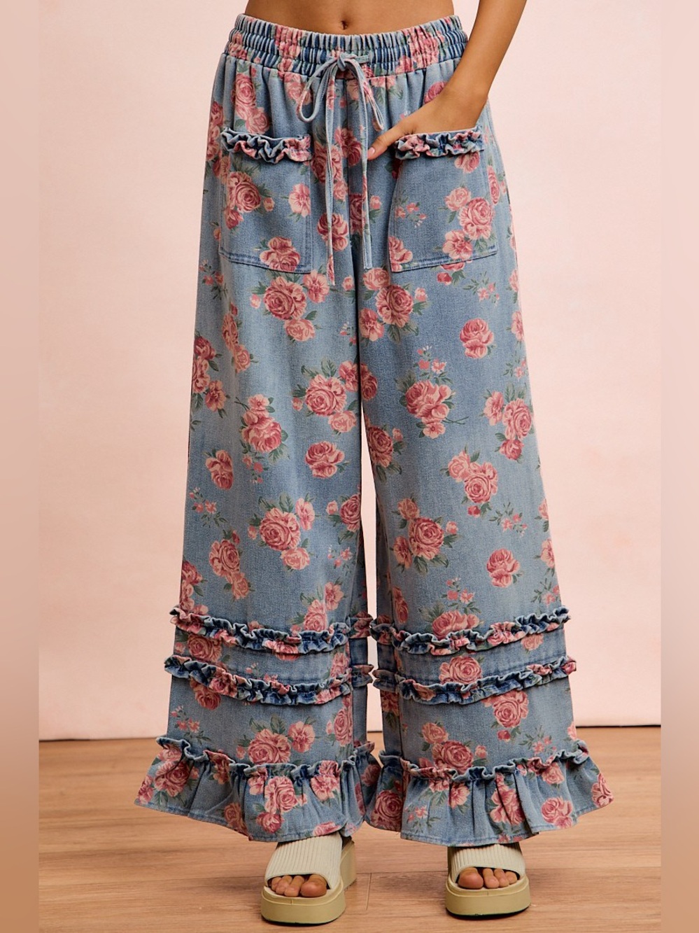 BiBi Washed Floral Denim With Ruffle Elastic Wide Pants